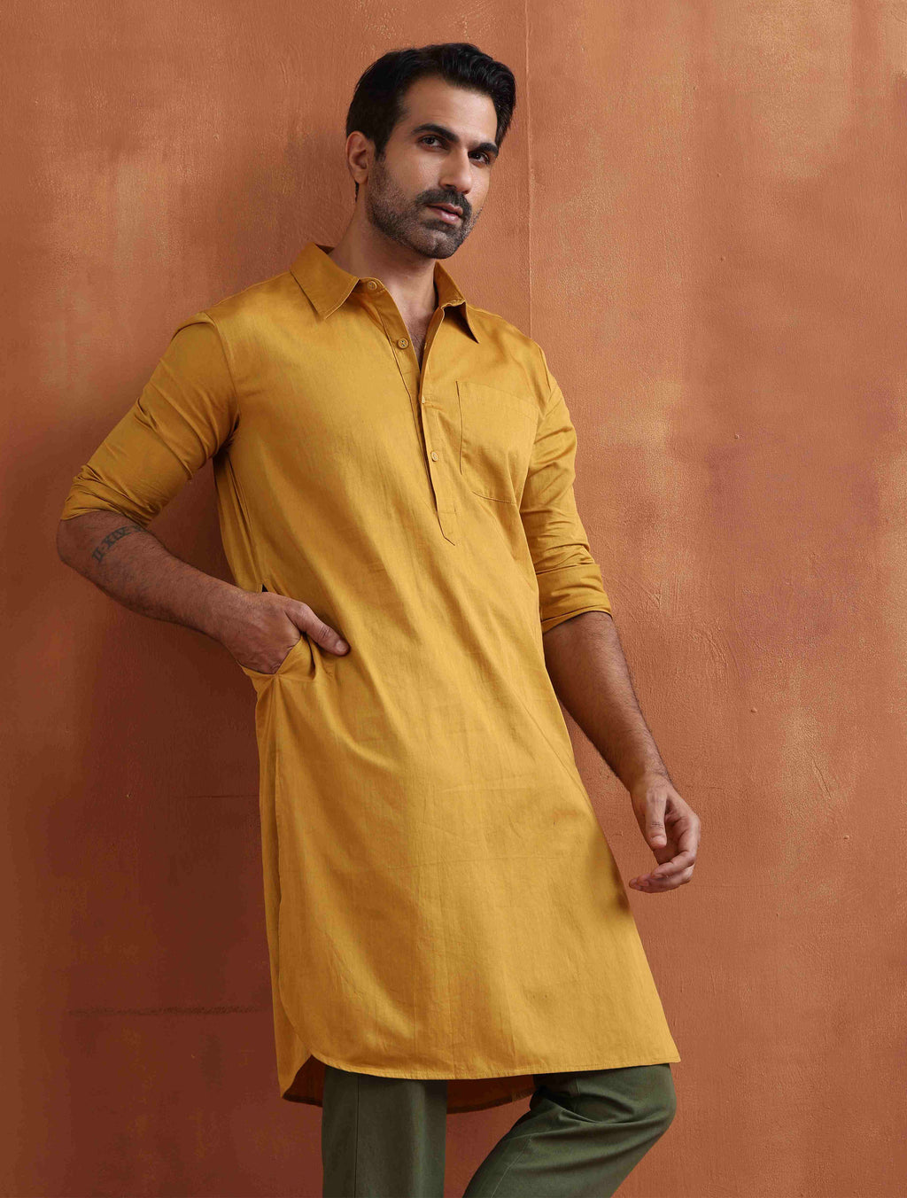 trueBrowns Men's Mustard Cotton Kurta | Grocsy