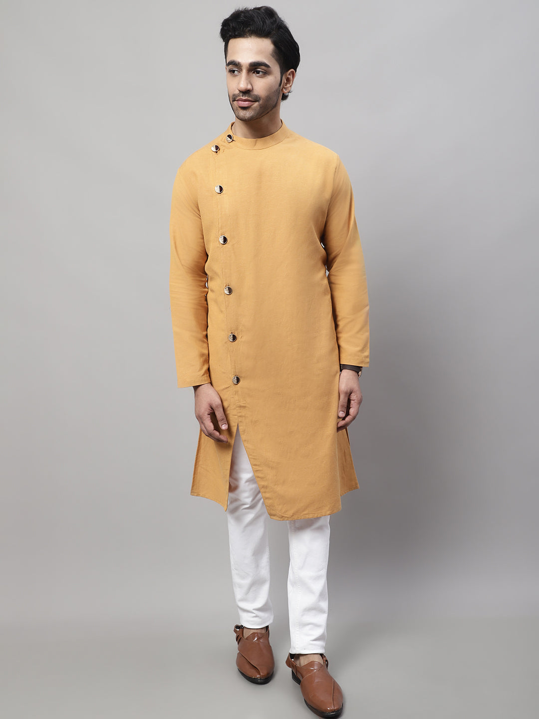 Even Apparels Mustard Sherwani Kurta With Asymetrical Cut | Grocsy