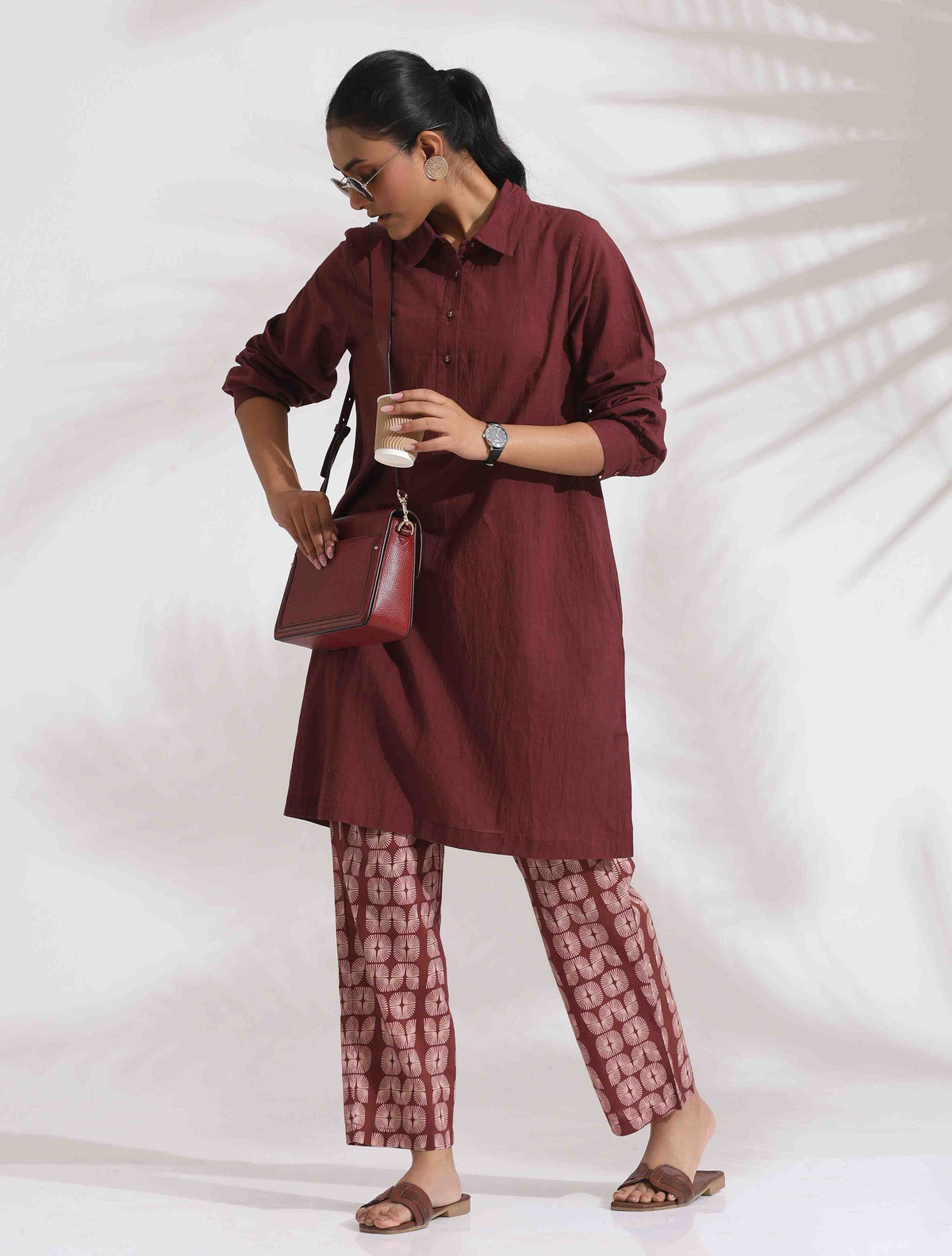 trueBrowns Brown Cotton Solid Kurta Co-ord Set | Grocsy
