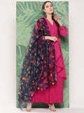 InWeave Women's Magenta Tie Up Kurta Set W Navy Pink Or Dupatta | Grocsy