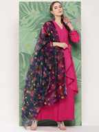 InWeave Women's Magenta Tie Up Kurta Set W Navy Pink Or Dupatta | Grocsy