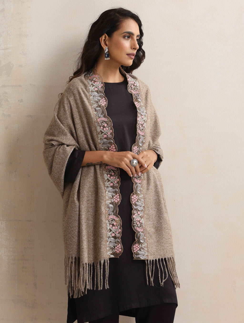 trueBrowns Beige Embroidered Woollen Stole | Grocsy