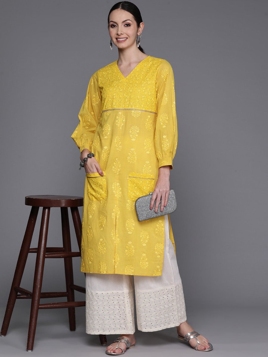 Ahalyaa Ethnic Motifs Printed Puff Sleeves Gotta Patti Kurta | Grocsy