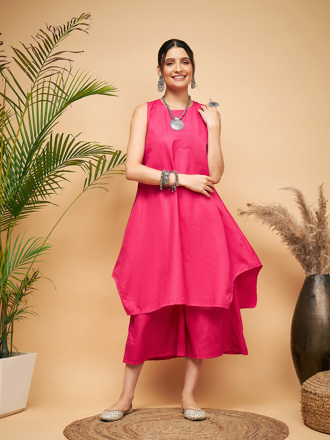 InWeave Women's Fuchsia Short Kurta Palazzo Set | Grocsy