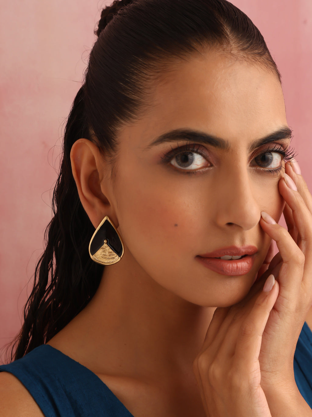 trueBrowns Brass Black Stone Drop Stud Earrings | Grocsy