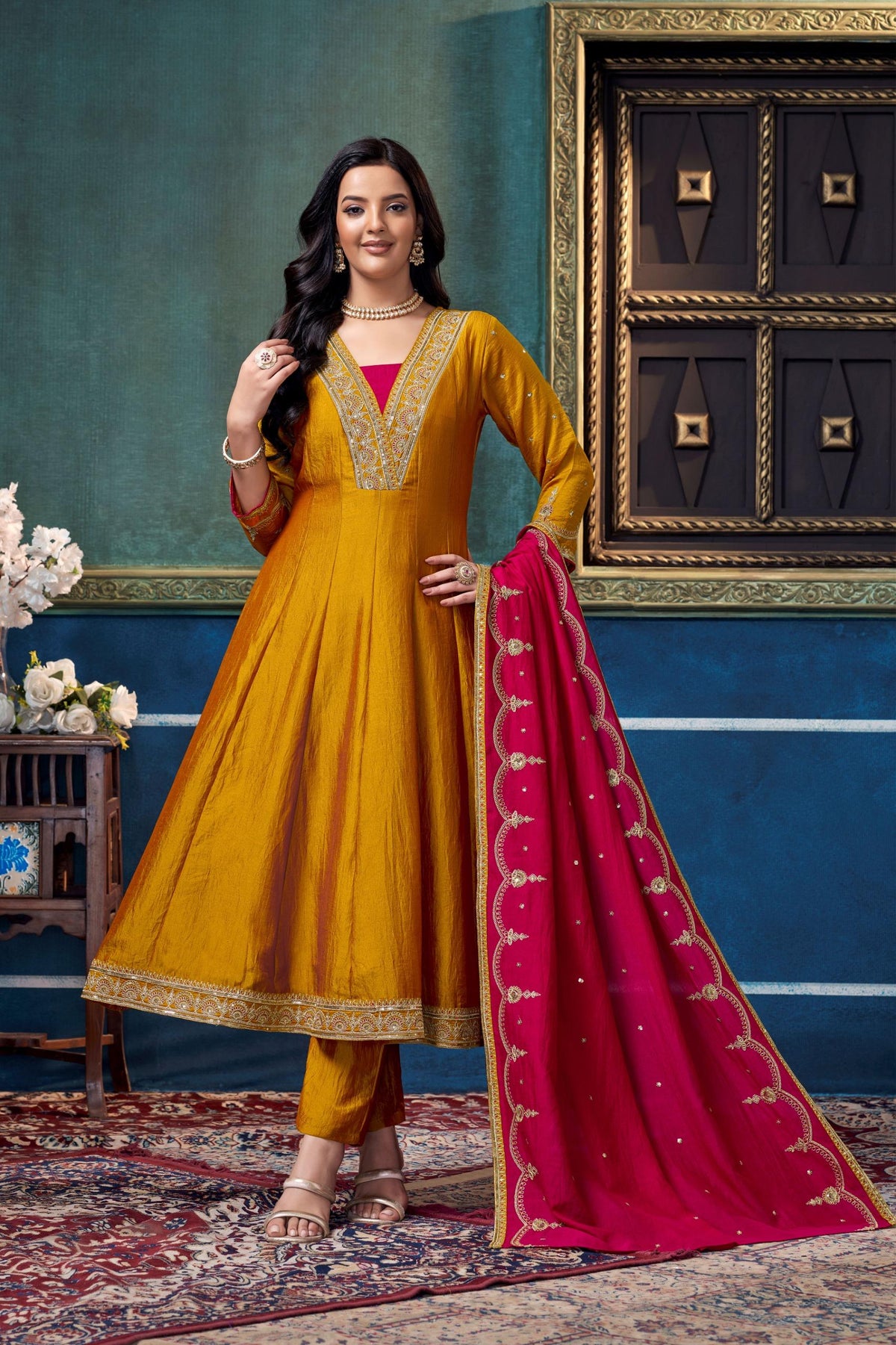 Anaita Yellow Anarkali Readymade Suit with Embroidery Work | Grocsy