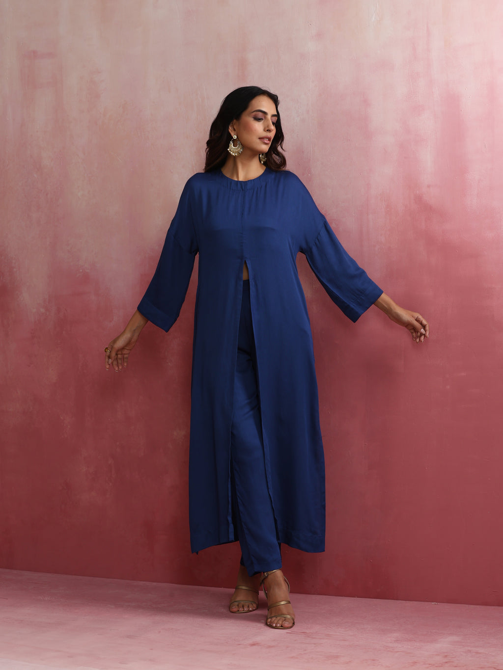 trueBrowns Blue Modal Front Slit Kurta set | Grocsy
