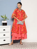 InWeave Women's Peach Cr Strappy Set With Peach Yellow Floral Cape | Grocsy