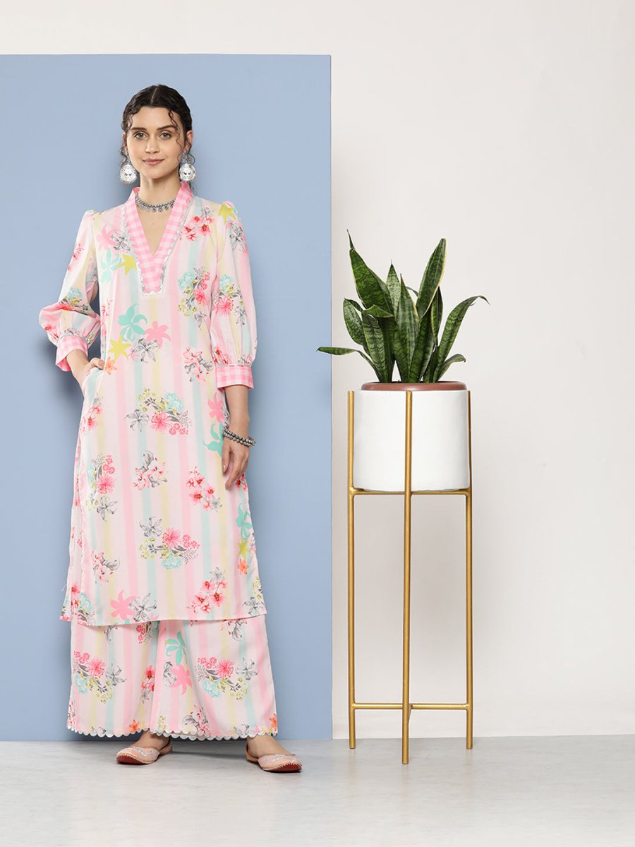 Ahalyaa Women Pink Floral Printed Gotta Patti Kurta with Palazzos | Grocsy