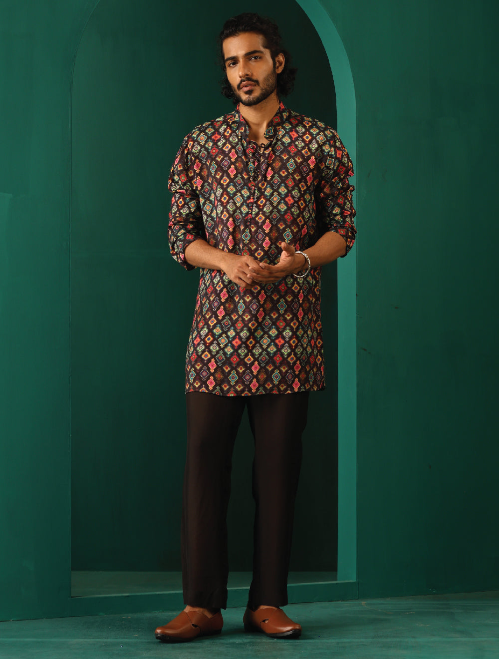 trueBrowns Men's Black Ikat Muslin Silk Printed Co-ord Set | Grocsy