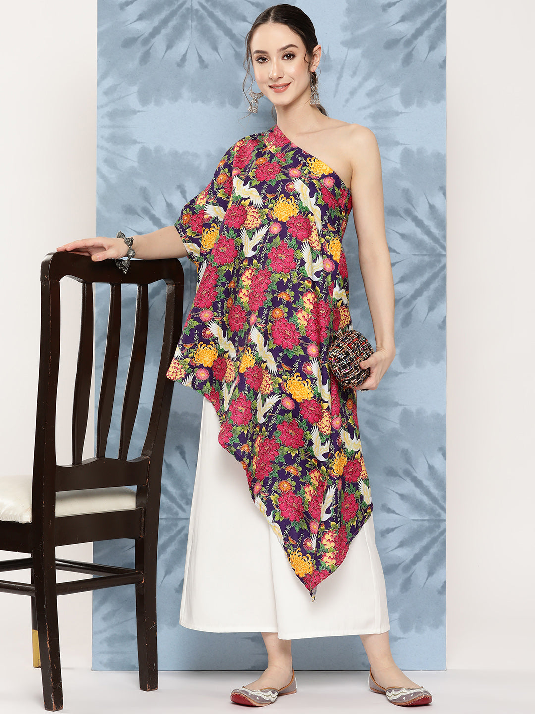 InWeave Women's Navy Bird Japanese Art Oneshoulder Top | Grocsy