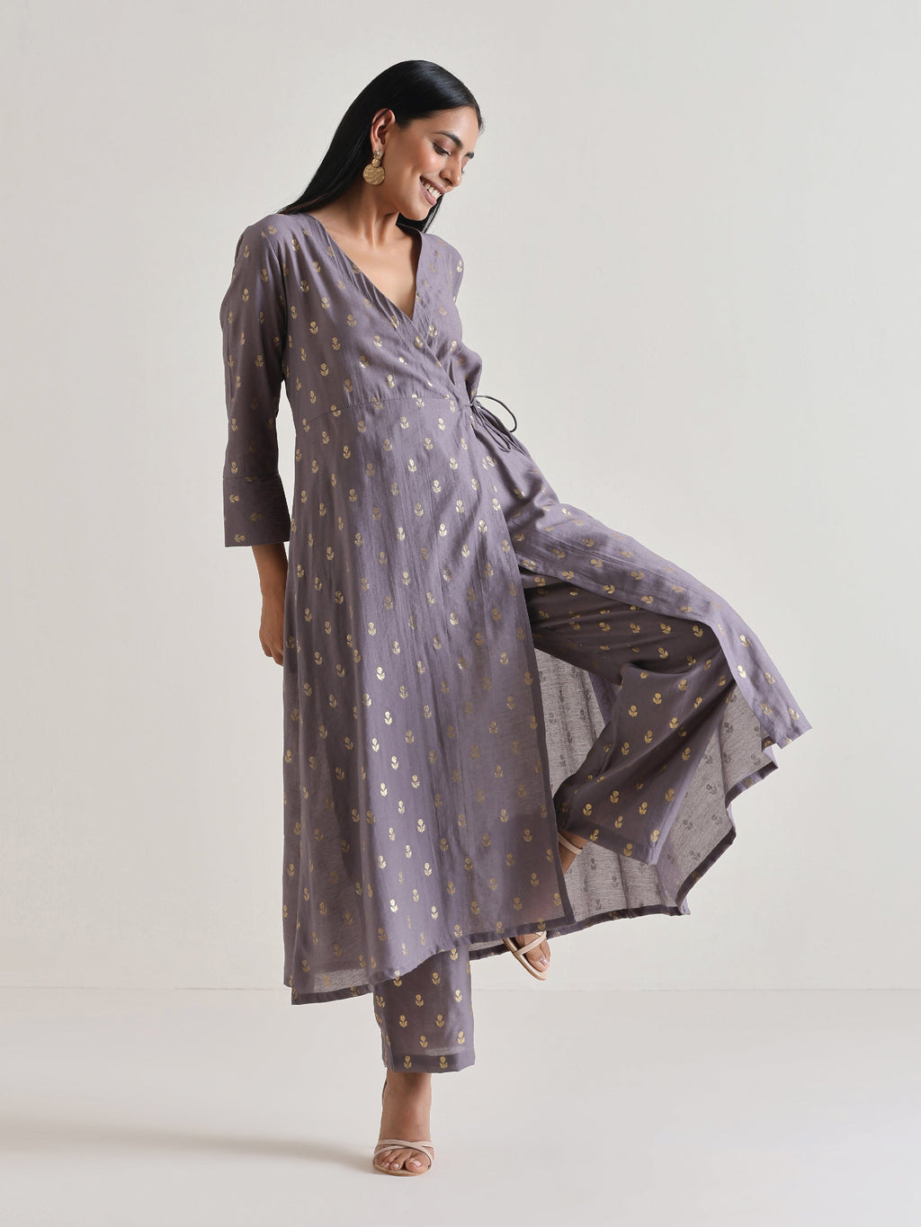 trueBrowns Plum Grey Foil Angrakha Kurta Set | Grocsy