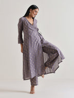 trueBrowns Plum Grey Foil Angrakha Kurta Set | Grocsy