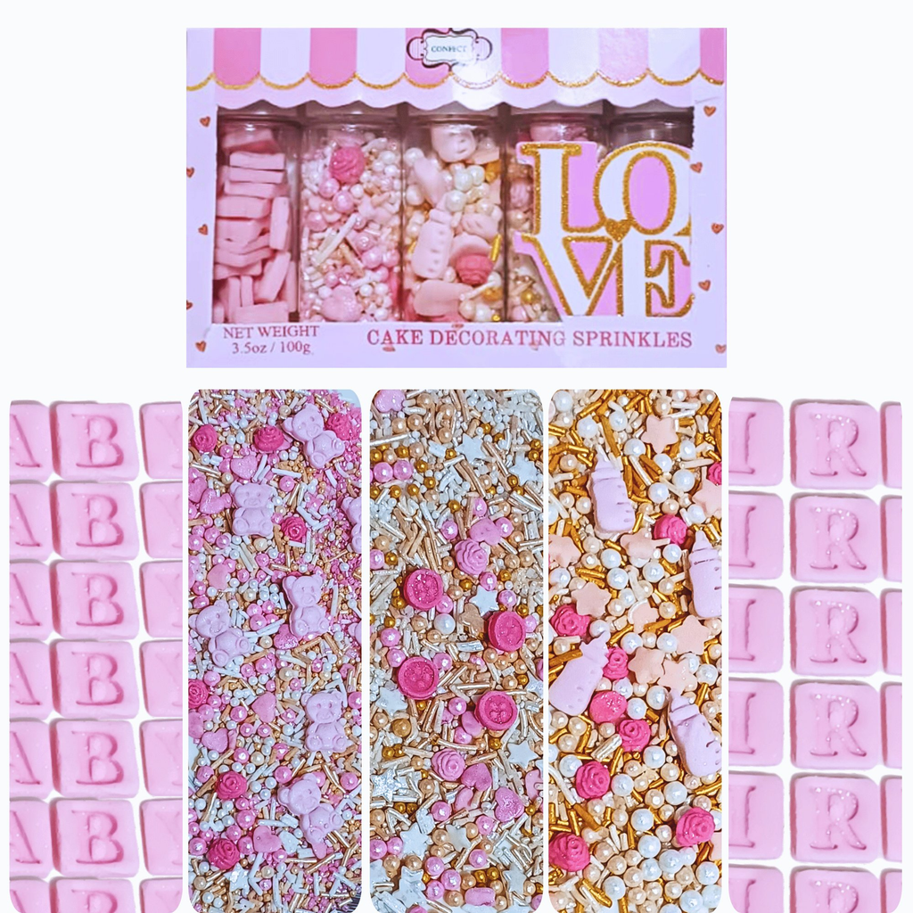 Confect Girls Baby Shower Sprinkles | Mix Heart, Teddy, Baby Feed Bottle & Baby Feet Sprinkles | Grocsy