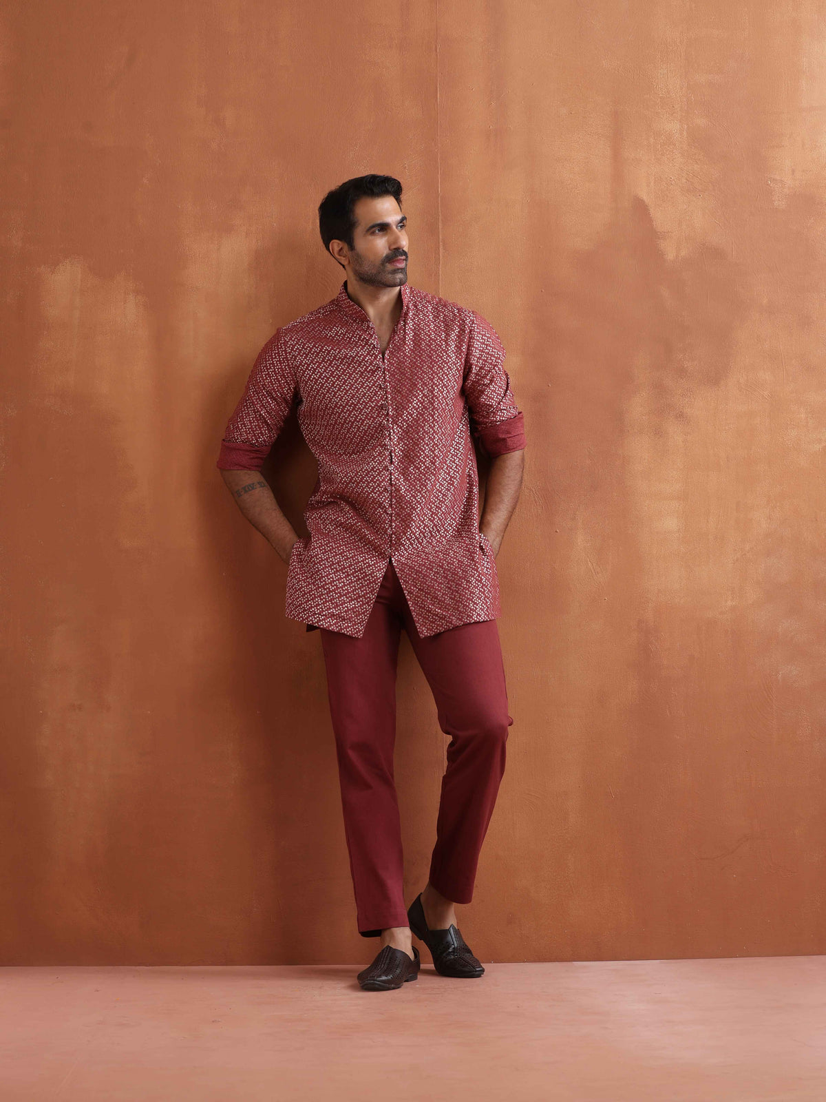 trueBrowns Men's Rust Cotton Dobby Short Kurta | Grocsy