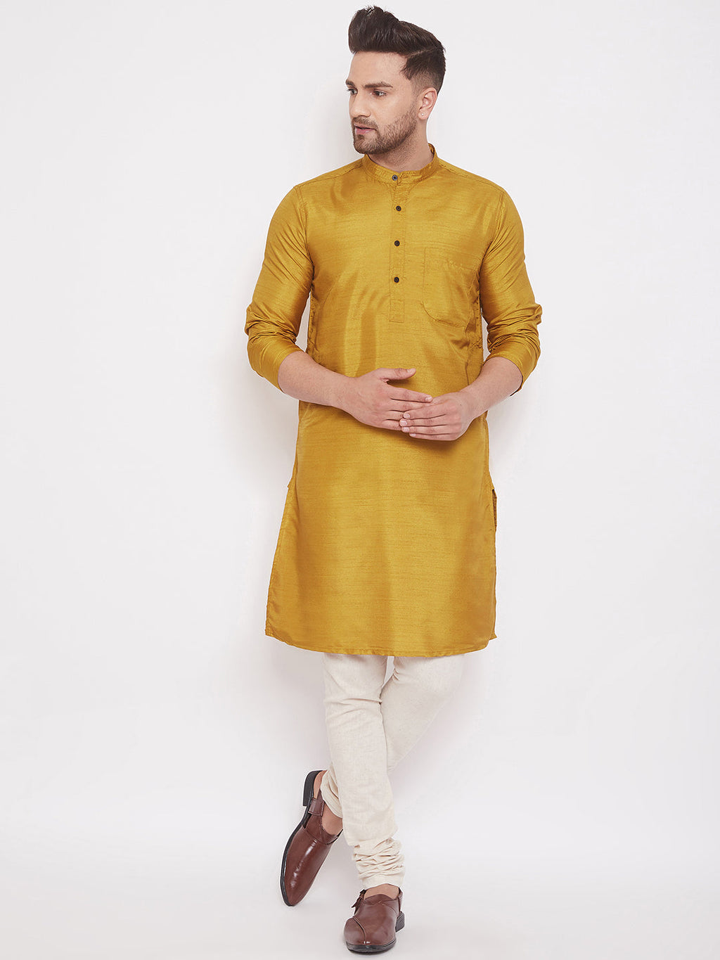 Even Apparels Mustard Yellow Pure Cotton Kurta With Band Collar | Grocsy