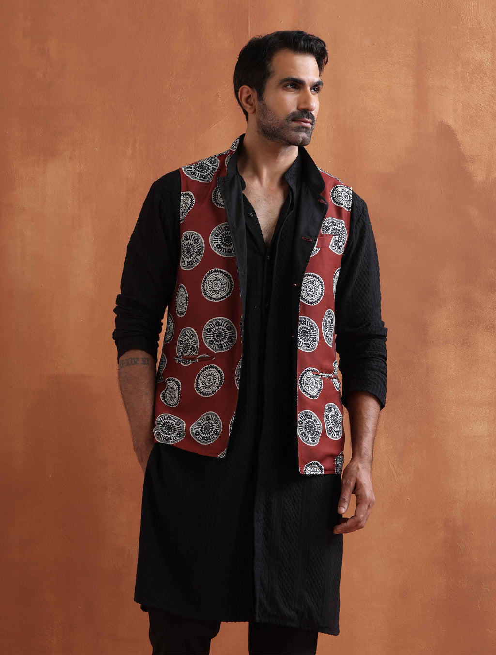 trueBrowns Men's Rust Printed Nehru Jacket | Grocsy