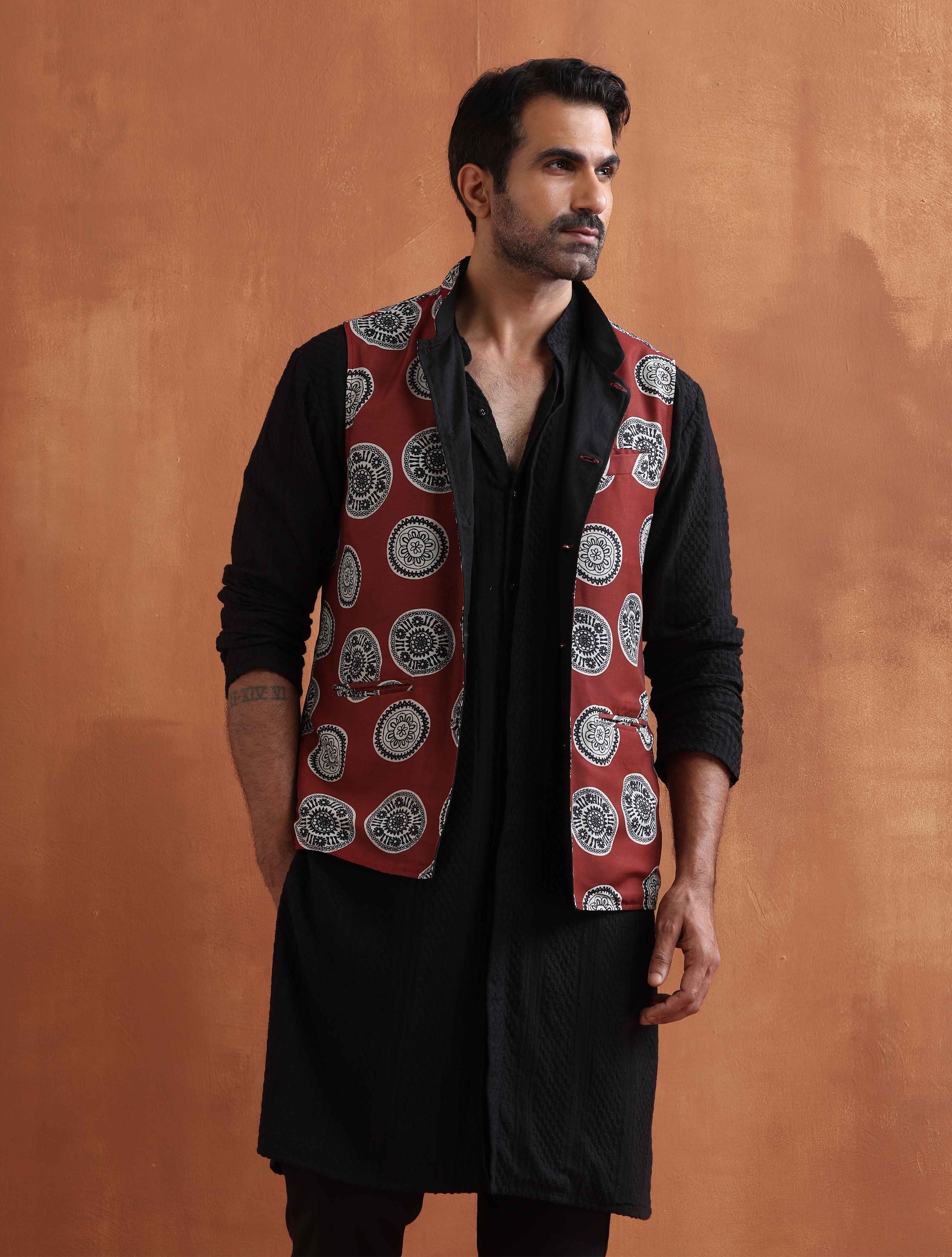 trueBrowns Men's Rust Printed Nehru Jacket | Grocsy