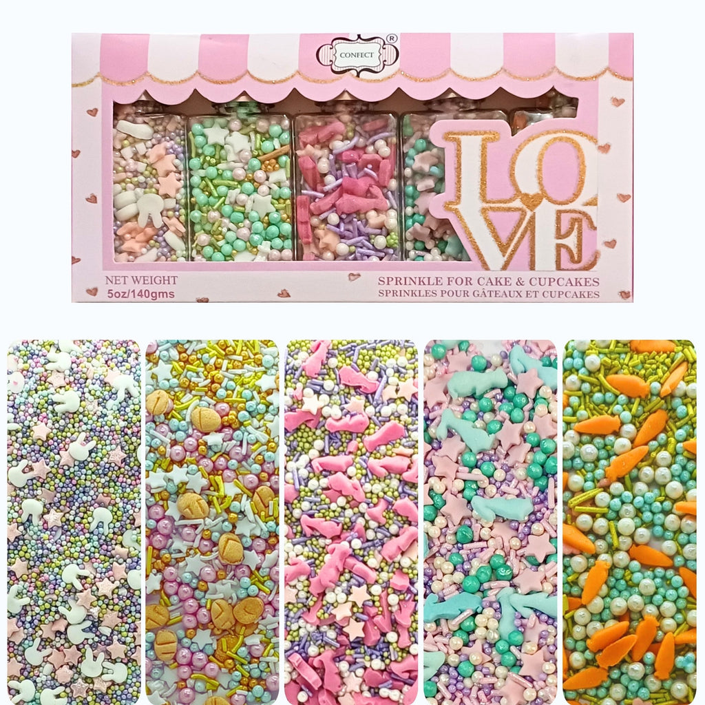 Confect Spring Sprinkles Edible | Vermecelli, Pearls & Stars Sprinkles Pack of 5 (EAST 4) - 100Gms | Grocsy