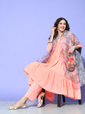 InWeave Women's Peach Flared Kurta Set With Off White Folral Organza Dupatta | Grocsy