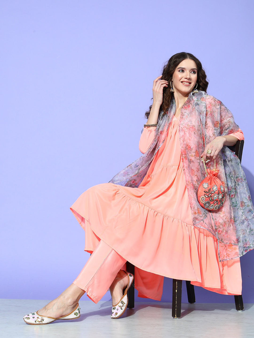 InWeave Women's Peach Flared Kurta Set With Off White Folral Organza Dupatta | Grocsy