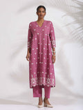 trueBrowns Pink Cotton Floral Embroidered Flared Kurta Set | Grocsy