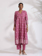 trueBrowns Pink Cotton Floral Embroidered Flared Kurta Set | Grocsy
