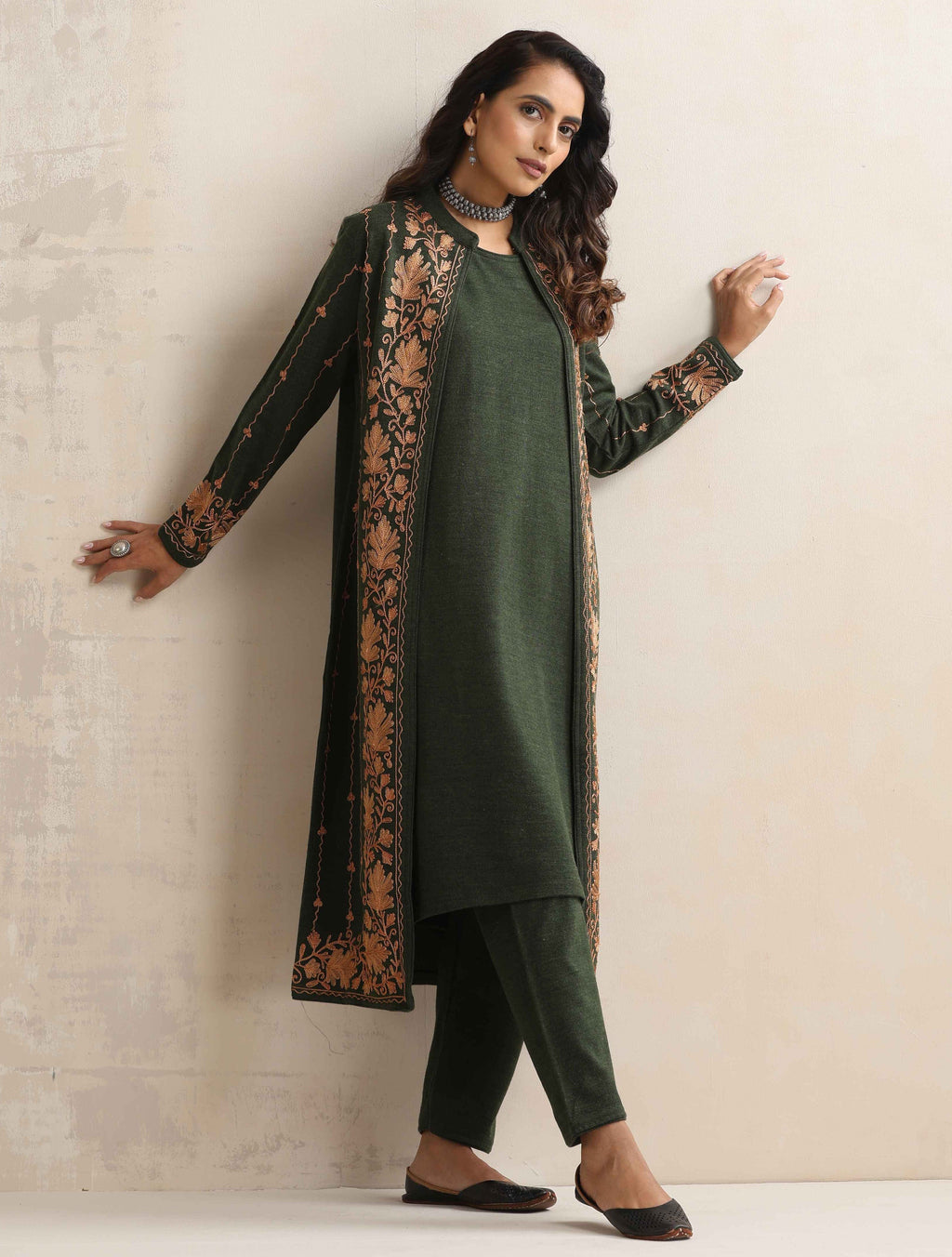 trueBrowns Green Kashmiri Woollen Jacket 3pc Set | Grocsy
