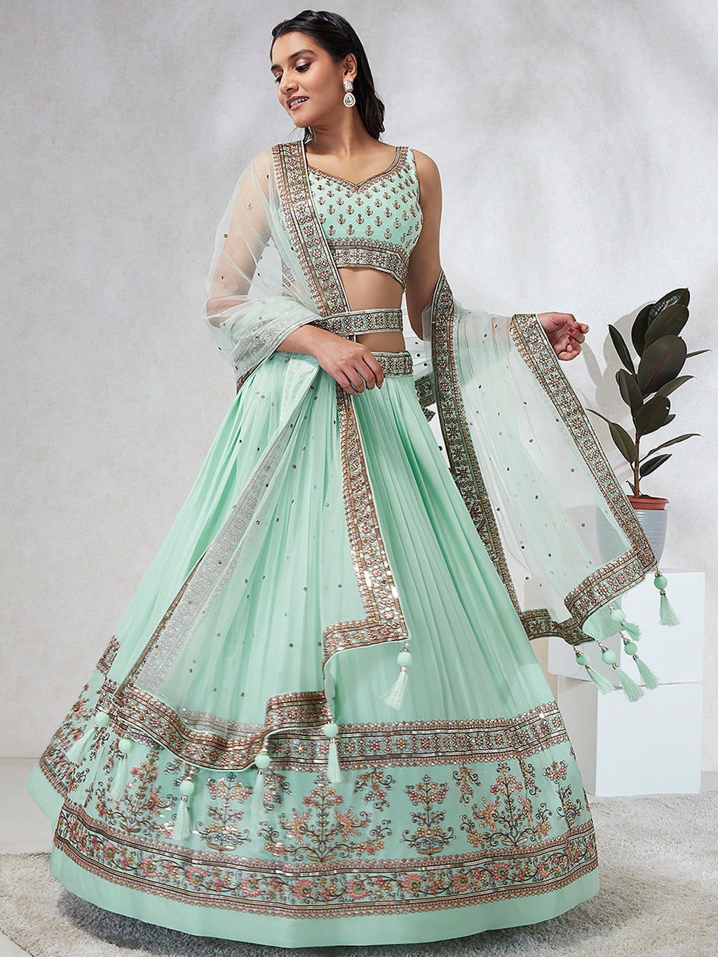 House of Panchhi Burgundy Pure Georgette Sequins And Thread Embroidery Lehenga Choli & Dupatta | Grocsy