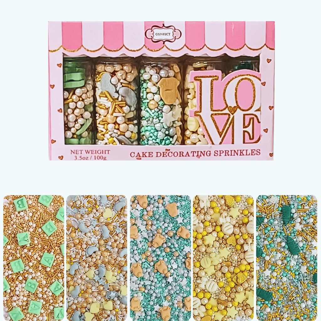 Confect Baby Shower Sprinkles | Mix Gold, Silver, Mint Green & Pearl Dragees Pack of 5 (BABY SHOWER -01) | Grocsy