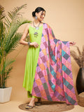InWeave Women's Lime Green Strappy Set W Square Bandhani Print Silk Dupatta | Grocsy