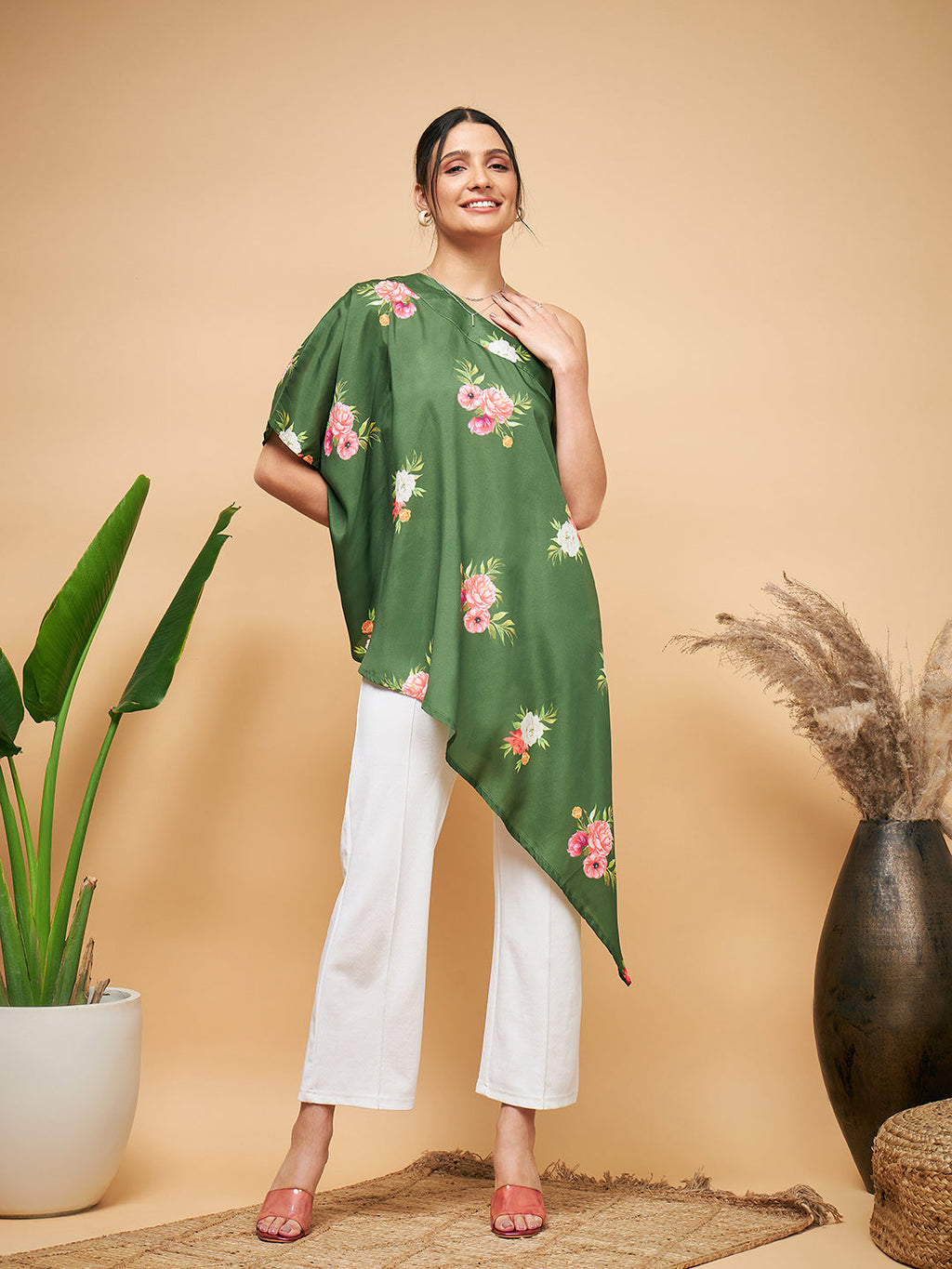 InWeave Women's Green Small Flower One Shoulder Kurta | Grocsy
