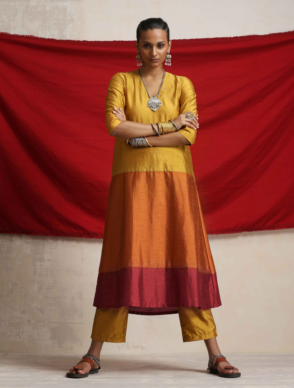 trueBrowns Gold Orange Silk A-line Kurta Set | Grocsy