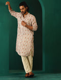 trueBrowns Men's Off White Circle Floral Muslin Silk Printed Long Kurta | Grocsy