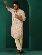 trueBrowns Men's Off White Circle Floral Muslin Silk Printed Long Kurta | Grocsy