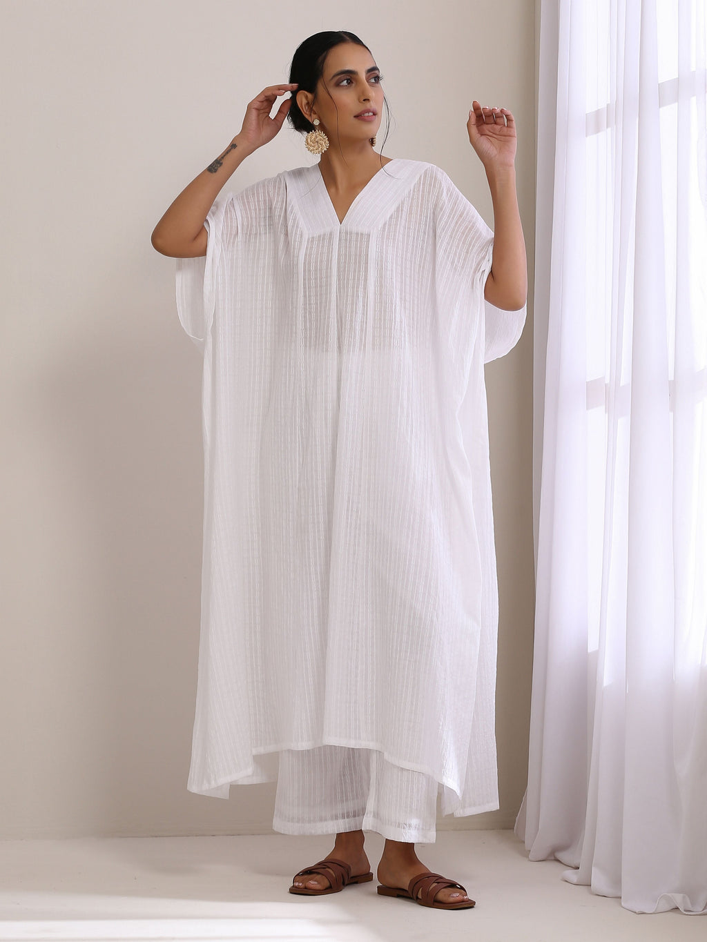 trueBrowns White Dobby Panel Kaftan Kurta Pant Set | Grocsy