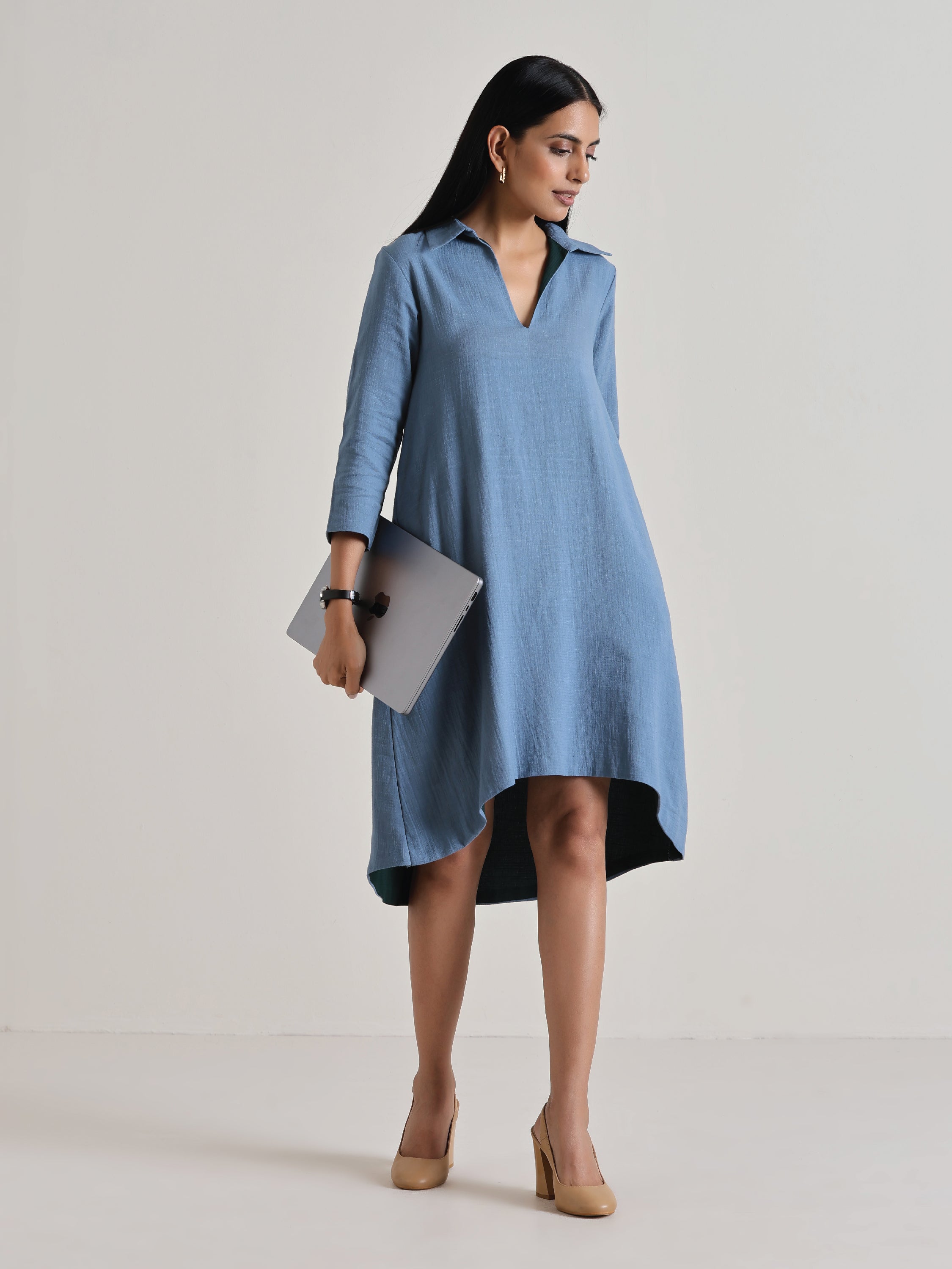 trueBrowns Light Blue Short Collared Dress | Grocsy