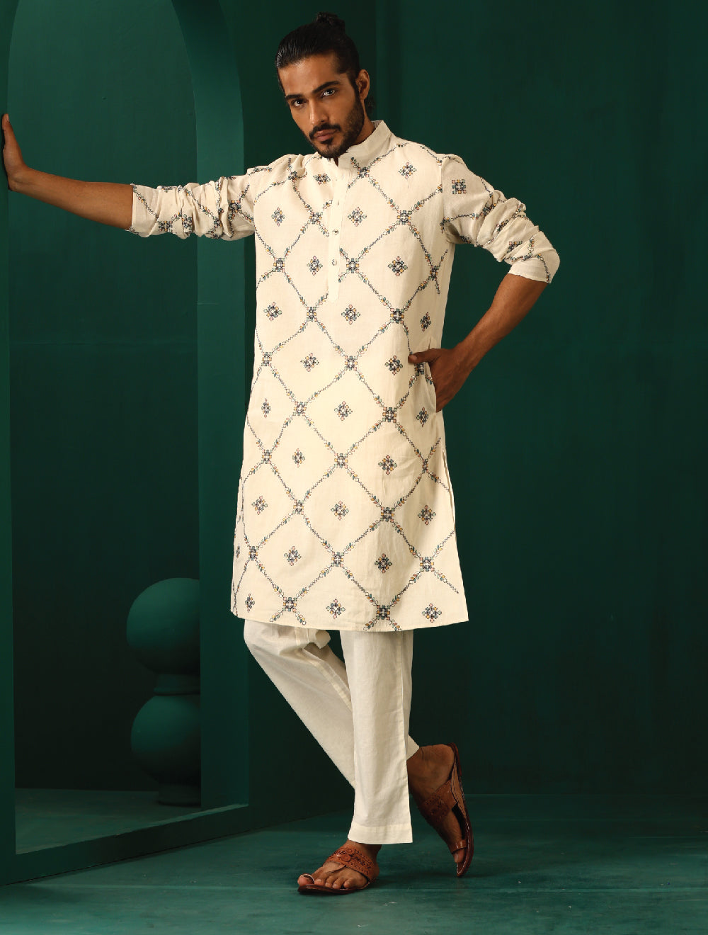 trueBrowns Men's Ivory Rhombus Cotton Kurta | Grocsy