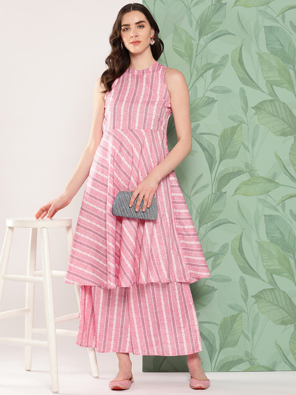 InWeave Women's Pink Kantha Striped Kurta Set | Grocsy