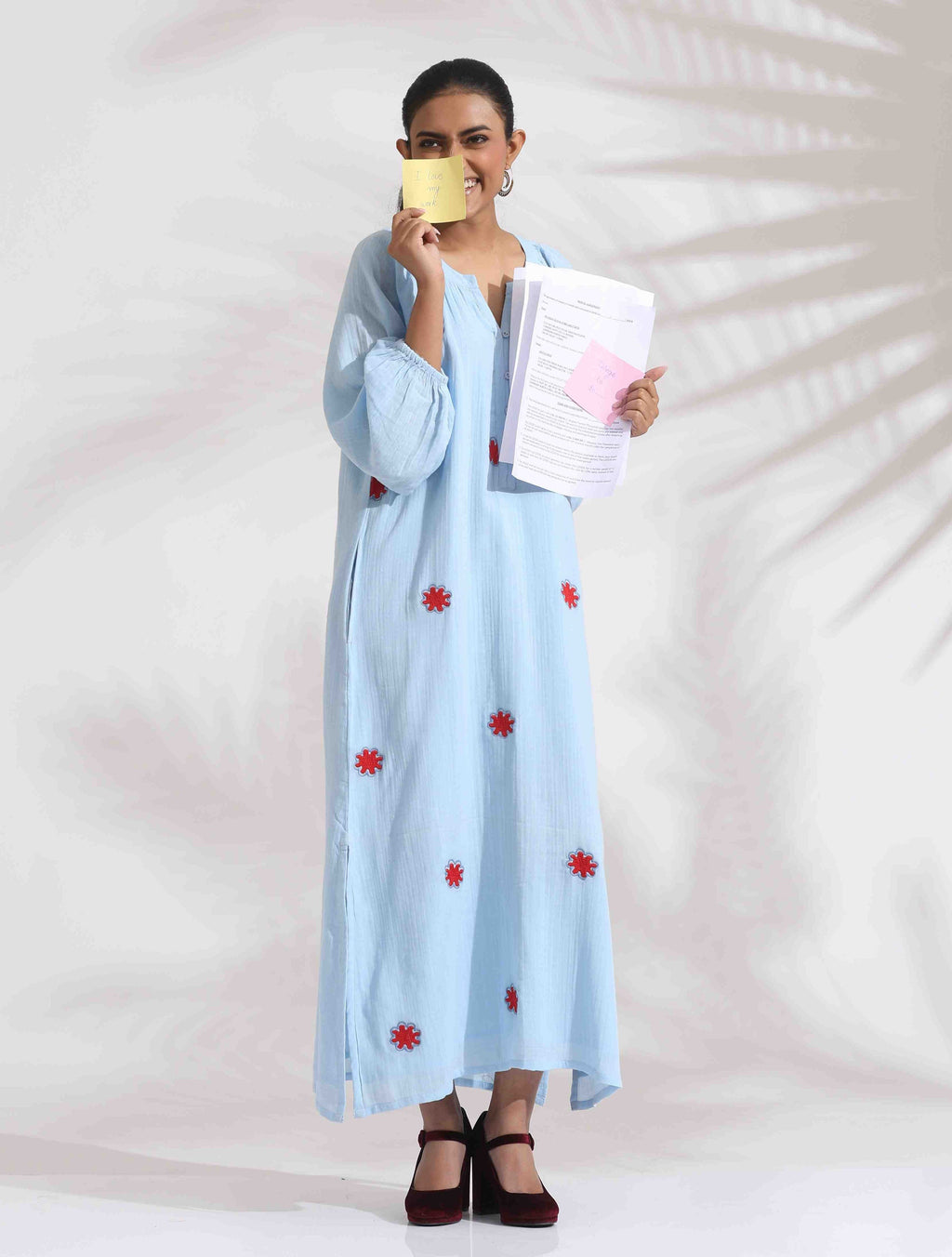 trueBrowns Blue Cotton Embroidered Dress | Grocsy