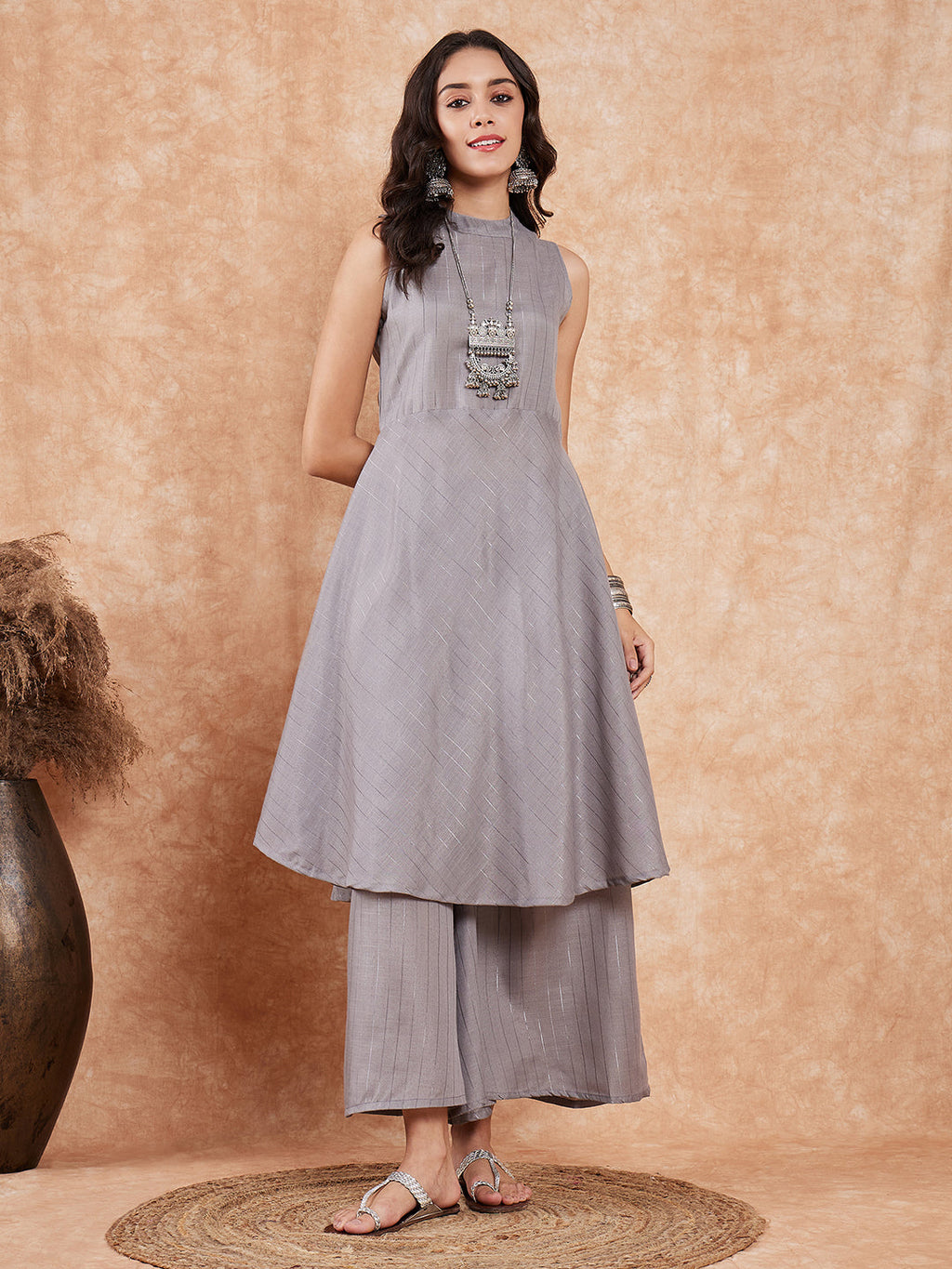 InWeave Light Grey Lurex Halter Neck W/S Kurta Palazzo Set | Grocsy