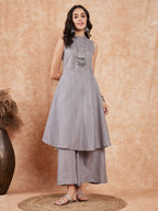 InWeave Light Grey Lurex Halter Neck W/S Kurta Palazzo Set | Grocsy
