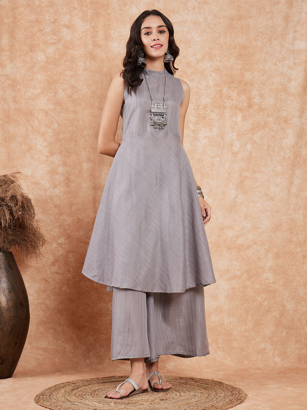 InWeave Light Grey Lurex Halter Neck W/S Kurta Palazzo Set | Grocsy