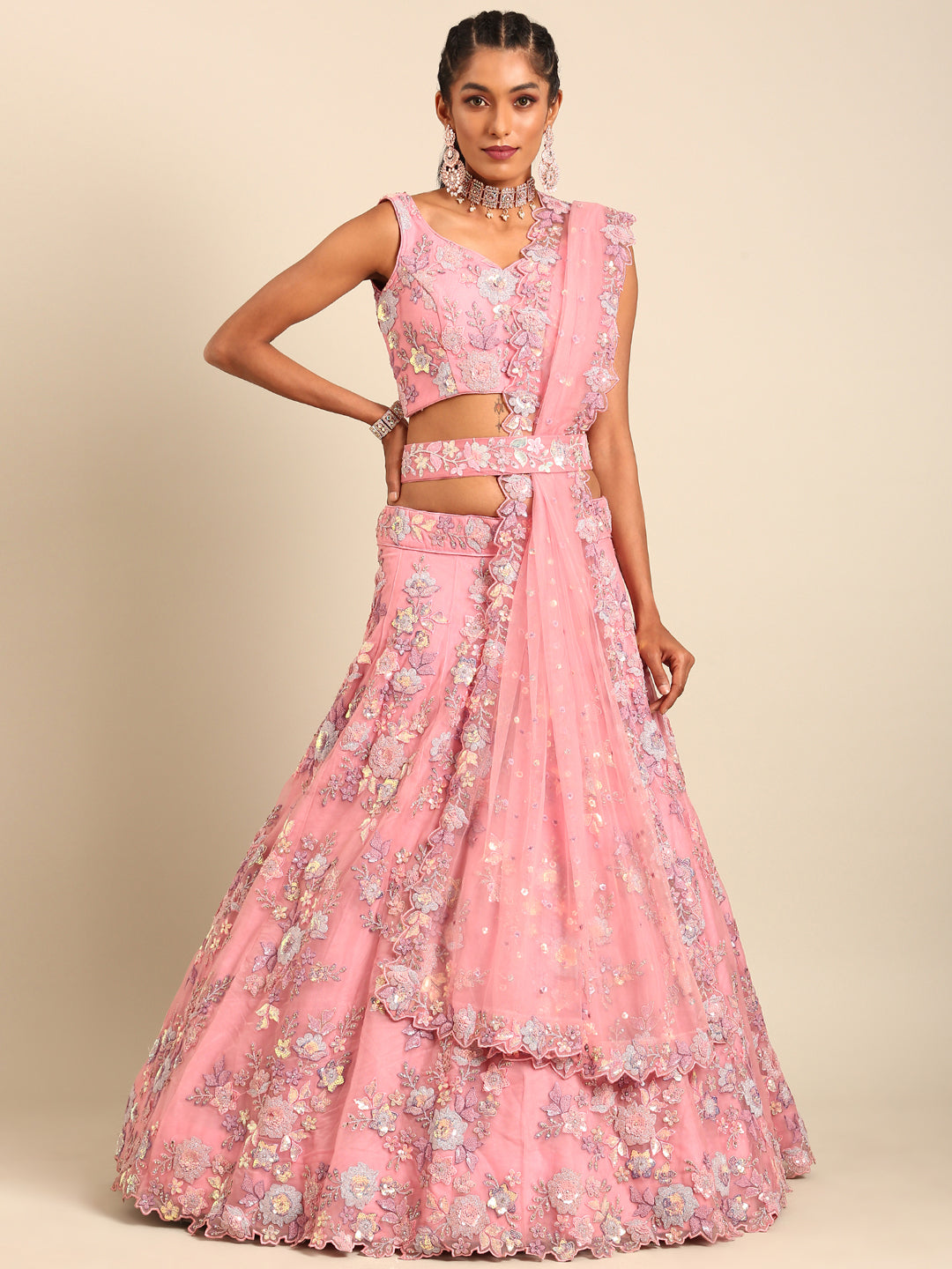 House of Panchhi PINK Net Sequins with heavy Zarkan embroidery Lehenga choli & Dupatta | Grocsy