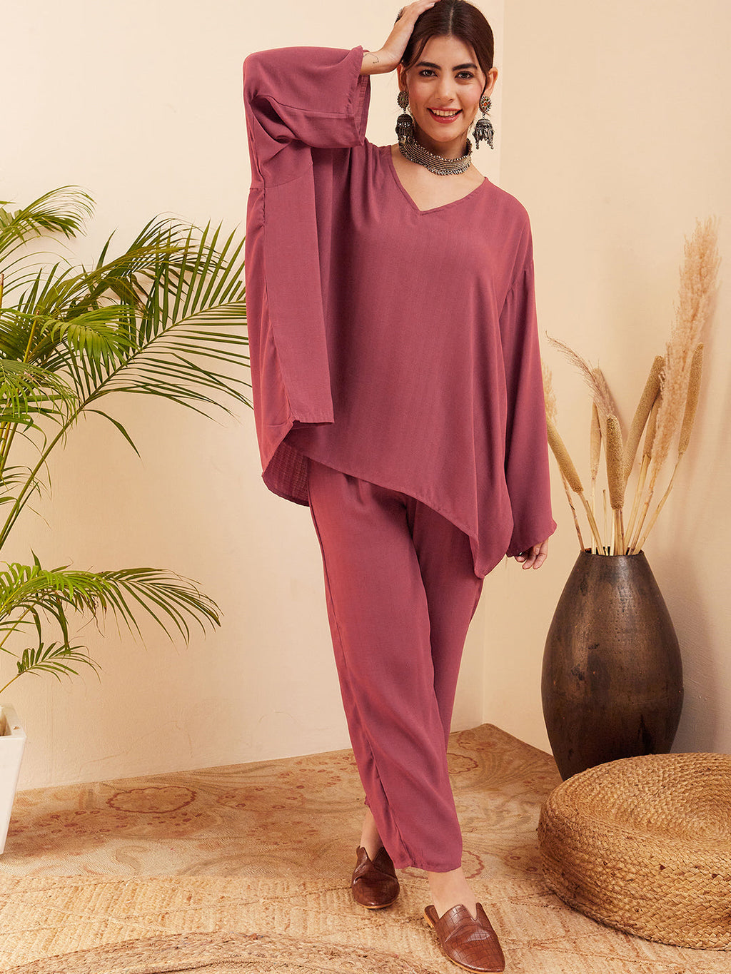 InWeave Women's Light Brown Full Sleeve Boho Top Bottom Set | Grocsy