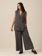 trueBrowns Slate Grey Slub Texture Sleevesless Jacket Pant Set | Grocsy