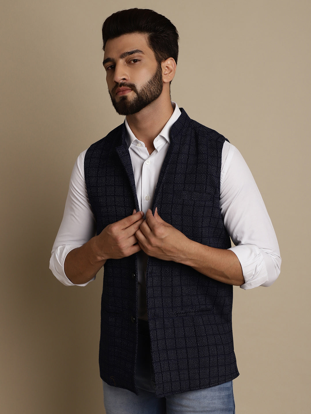 Even Apparels Men's Blue Mandarin Collar Waistcoat | Grocsy