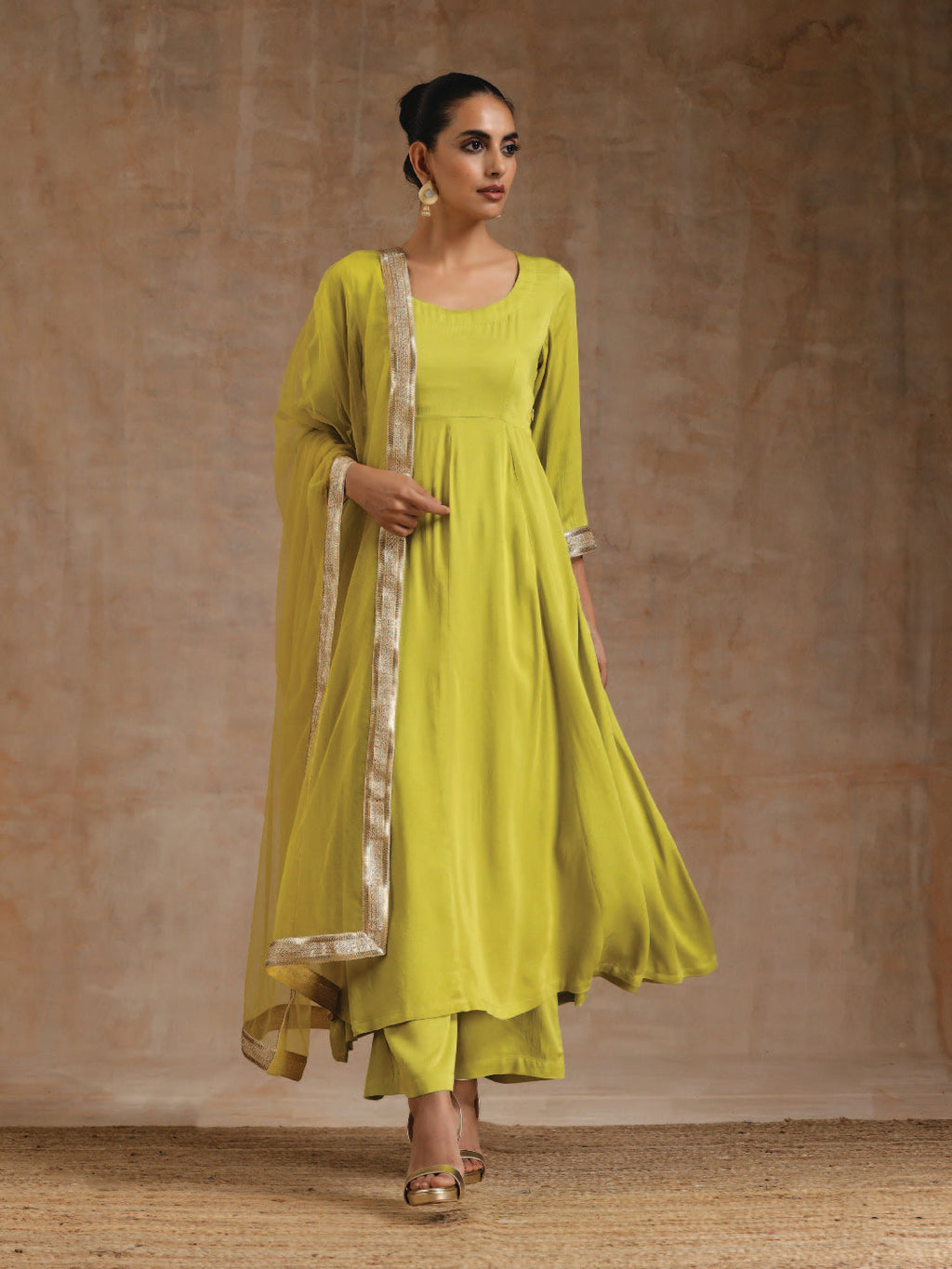 trueBrowns Lime Modal Satin Anarkali Set | Grocsy