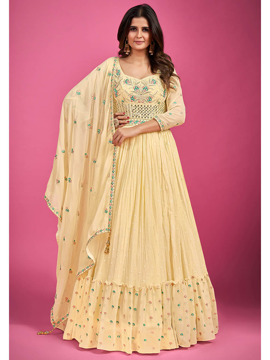 Myra Yellow Pure Georgette Embroidered Gown | Grocsy