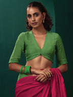 trueBrowns Green Muslin Silk Deep V-Neck Blouse | Grocsy